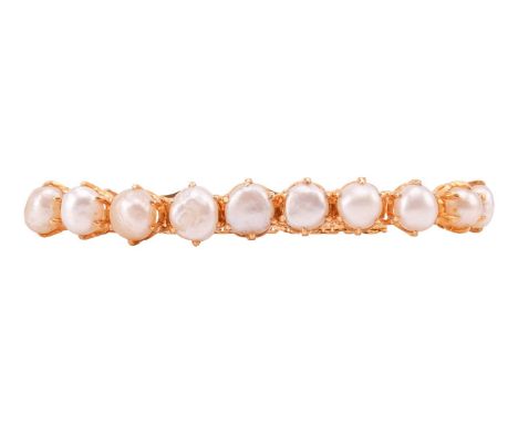 A pearl-set line bracelet, comprising a row of eleven off-rounded button pearls in hinged mounts, attached to sections of loz