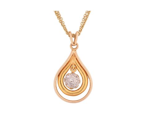 A diamond floral cluster pendant on chain, diamond cluster suspended within a teardrop-shaped surround in 22ct gold, London 1
