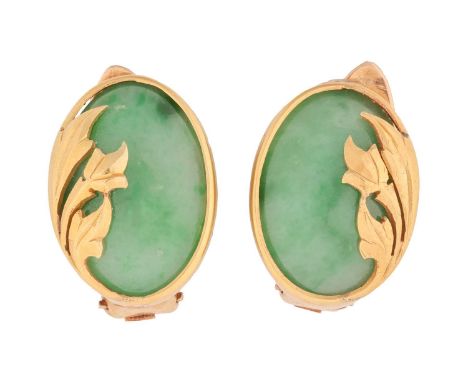 A pair of jade clip-on earrings or dress clips; each containing an oval jadeite cabochon with a mottled green colour, set in 