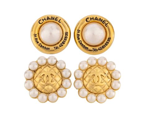 Chanel - two pairs of faux pearl disc clip-on earrings; the first pair of button design, the encircling surround signed CHANE