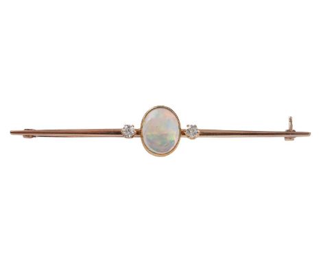 An opal and diamond bar brooch, the millegrain collet-set oval opal cabochon, measuring approximately 11.75mm x 9.5mm x 5.7mm