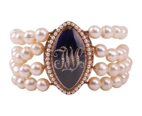 A George III bracelet with enamel and seed pearl clasp, comprising four strands of off-round cultured pearls, approximately 7