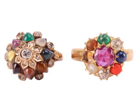 Two nine-gem rings, set with various gemstones representing the nine planets in the solar system; to include a Thai 'Noppakao
