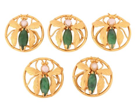 A set of five Chinese jade and pearl shirt buttons, each comprising a butterfly motif with a pearl head and marquise jade cab