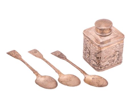 A silver tea caddy and three spoons, the square tea caddy with pull-off cover decorated with putti in a landscape, 10cm high,