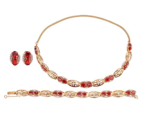 A fire opal and diamond necklace, bracelet and earrings suite; the necklace comprises a series of graduated hinged oviform li