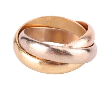 A trinity ring in 18ct tri-coloured gold, with three interlocking bands that resemble a Borromean link, which is also commonl