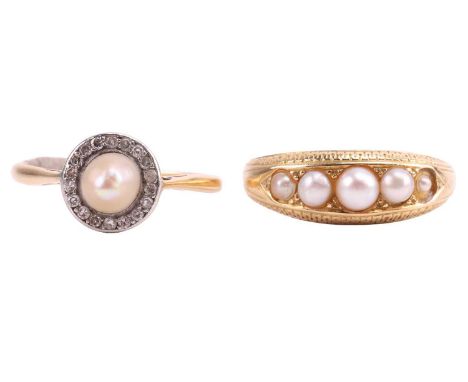 Two pearl-set dress rings; the first centred with a split pearl of 5.5 mm within a surround set with single-cut diamonds, bet