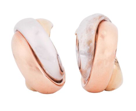 A pair of 18ct tri-coloured gold hoop earrings, each comprising three intertwined bands in different colours, complete with a