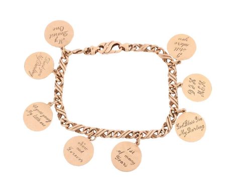 A sentimental bracelet with disc charms, comprising a series of fancy figure of eight links, suspending eight disc charms, ea