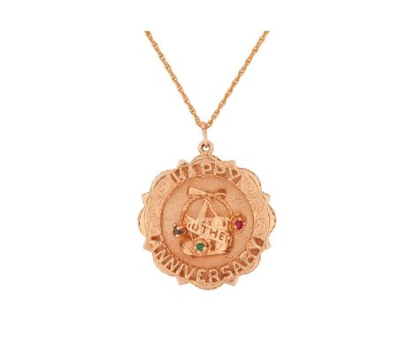 A gem-set anniversary pendant on chain, the medallion centred with a flower basket motif with 'Mother' banner, highlighted wi