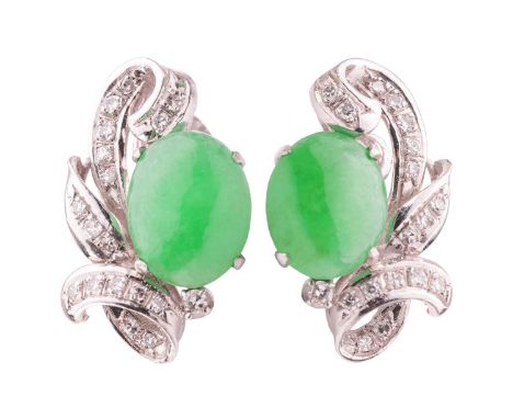 A pair of jade and diamond earrings, each contains an oval jadeite cabochon of bright green colour, approximately measures 10