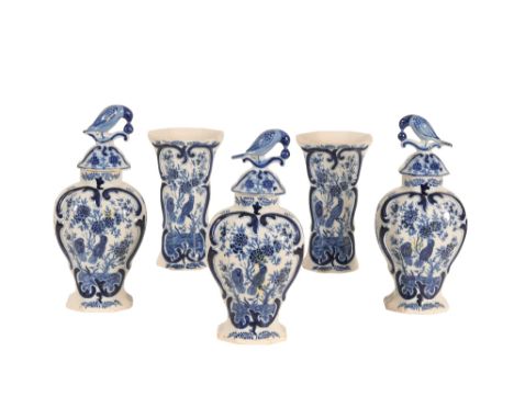 A GARNITURE OF FIVE DUTCH DELFTWARE VASES the base of each with a monogram "AK" comprising three baluster vases with lobed bo