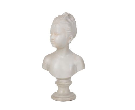 AFTER JEAN-ANTOINE HOUDON, (FRENCH, 1741 - 1828), A SCULPTED WHITE MARBLE BUST OF A GIRL, Portrayed with head turned to dexte