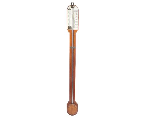 A MAHOGANY STICK BAROMETER, Late 19th /early 20th century, the arched top with thermometer and ivorine gauge, inscribed for&n