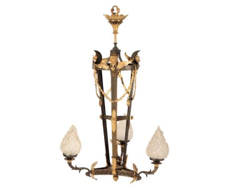 A FRENCH PATINATED AND PARCEL GILT METAL THREE LIGHT GASOLIER IN NEOCLASSICAL STYLE, Circa 1870 and later refitted for electr