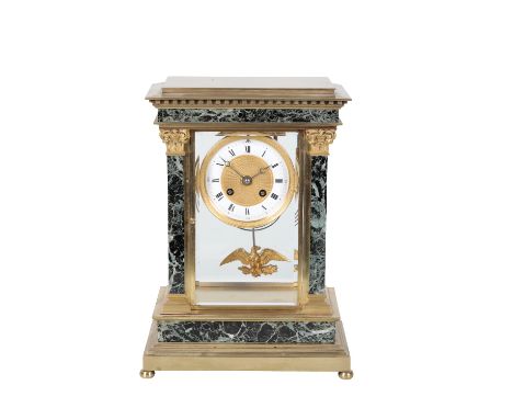 A VICTORIAN FOUR GLASS, GILT BRONZE AND ITALIAN SERPENTINE MARBLE MOUNTED MANTEL CLOCK, the 9.5cm dial with engine-turned cen