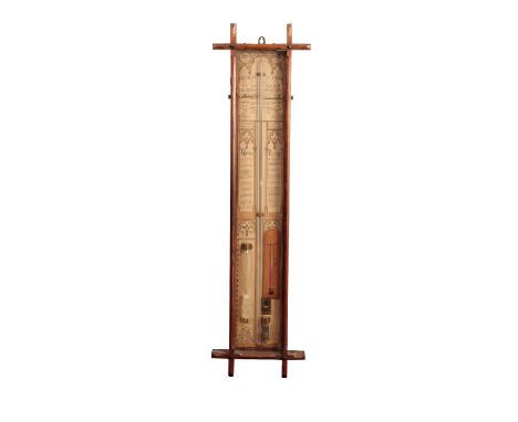 A VICTORIAN ADMIRAL FITZROY WALL BAROMETER, Late 19th century, the glazed oak case in Reformed Gothic style, the card dial pr