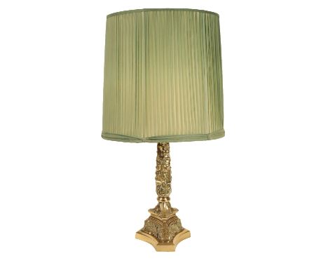 A VICTORIAN CAST BRASS TABLE LAMP, Late 19th century and later converted from oil to electricity, the fitment above a taperin