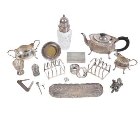 A GROUP OF ASSORTED SILVER AND OTHER ITEMS, including: a pair of silver toast racks by Adie Brothers Ltd, Birmingham 1924, wi