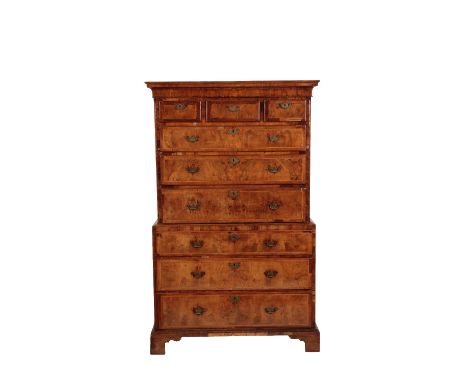 A GEORGE I STYLE WALNUT CHEST ON CHEST the upper section with three herringbone veneered and crossbanded frieze drawers, and 