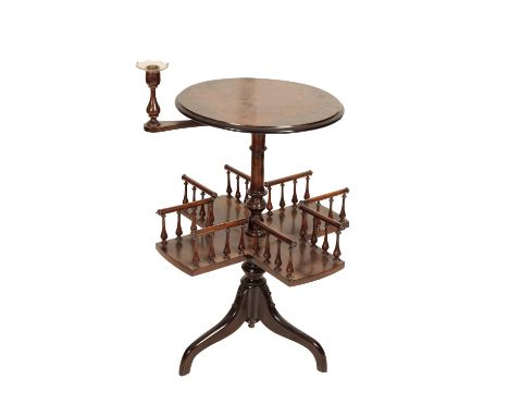 A VICTORIAN BURR WALNUT READING TABLE, Mid 19th century, the circular top with a baluster turned candle stick revolving aroun