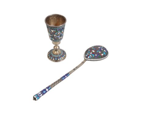 A RUSSIAN 19TH CENTURY ENAMEL AND SILVER COLOURED SPOON, possibly by Ivan Zakharov, 84 kokoshnik mark 1898-1914, Moscow, with