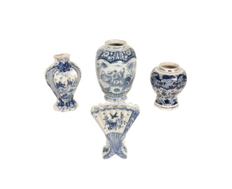 A DUTCH DELFTWARE BLUE AND WHITE VASE, the base inscribed "LPK", the ribbed ovoid body decorated with a cartouche of figures 