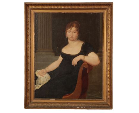 ENGLISH SCHOOL, 19TH/20TH CENTURY A portrait of a lady depicted reclining on a chaise longue in an interior, wearing a pearl 