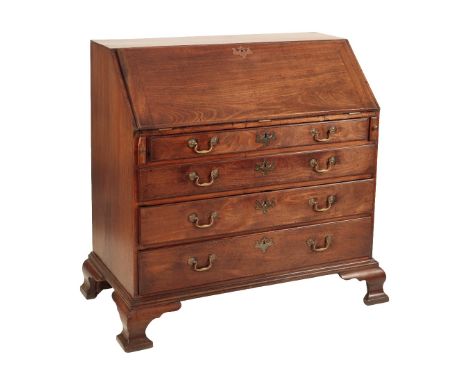 AN EARLY GEORGE III MAHOGANY BUREAU, Circa 1760, the fall front enclosing a fully fitted interior of drawers, concealed drawe