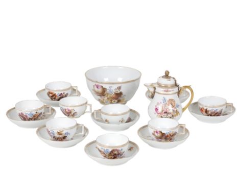PART MEISSEN PORCELAIN TEA SERVICE, 19TH CENTURY comprising a hot water-pot, 9 tea cups and 8 saucers, each painted with flor