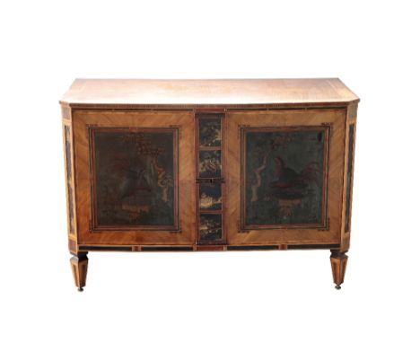 A DUTCH SATINWOOD COMMODE of neo-classical design, late 18th century, inset with lacquer panels, the banded rectangular top w