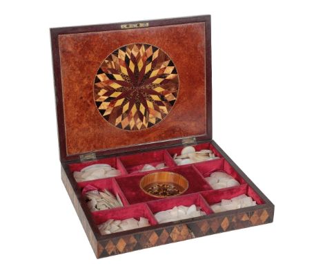 A FINE BURRWOOD AND SAMPLE WOOD WORKBOX IN THE MANNER OF GILLOW, Early 19th century, of rectangular form, the hinged cover wi