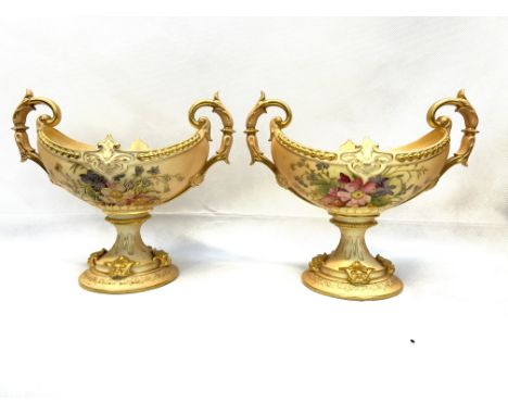Royal Worcester 194 pair of twin handed footed dishes, hand painted blush ivory Height 19 cm 