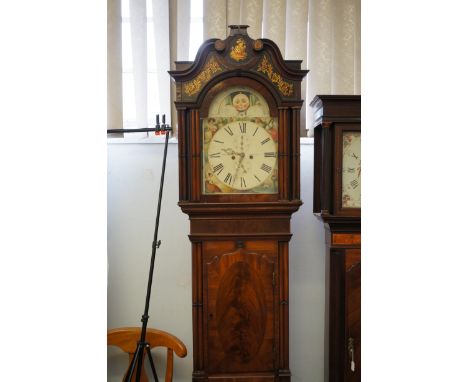 Early 19th century longcase clock with moon phase and painted dial, flame mahogany trunk, 240cm tall