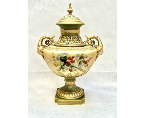 Royal Worcester 1572 twin handled lidded vase, hand painted decoration - early staple restoration to lid