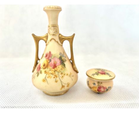 Royal Worcester twin handled blush ivory vase together with a small Royal Worcester lidded pot Height 11 cm