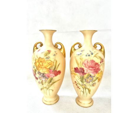 Pair of Royal Worcester twin handled blush ivory vases No 287 Height 18 cm