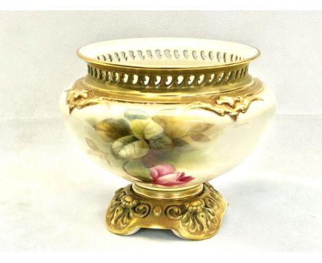 Royal Worcester 166 small jardiniere signed R Rushton with gilt pierced decoration Height 13 cm