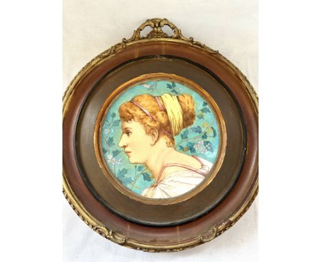 19th century Minton art pottery plaque with wooden surround Total size including surround 44 cm