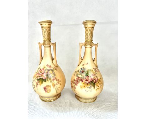 Pair of Royal Worcester twin handled blush ivory vases No 942 Height 17 cm 