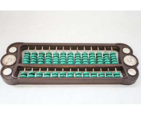 Chinese wood inlay silverware coin and turquoise bead abacus 