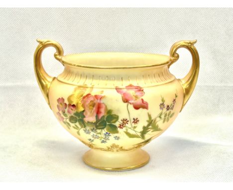 Royal Worcester 1910 blush ivory hand painted twin handed footed vase Height 11 cm