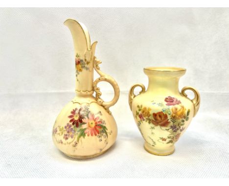 Royal Worcester blush ivory handled jug & twin handled vase Tallest 16 cm