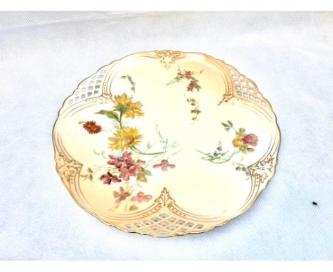 Royal Worcester hand painted blush ivory plate with pierced decoration
