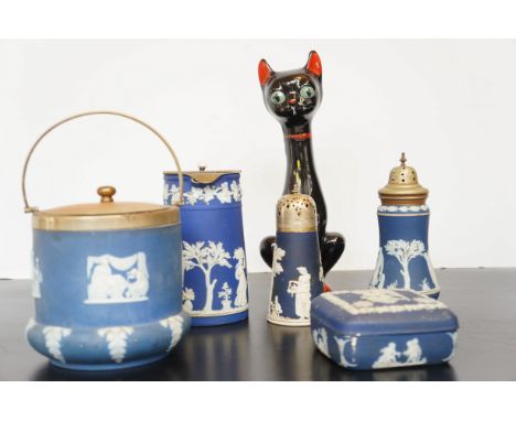 Collection of early jasper ware to include retro ceramic cat