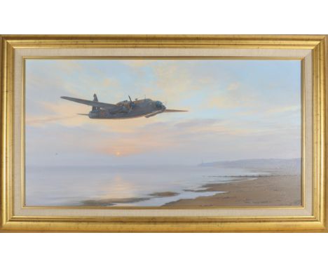 An oil painting on canvas entitled 'Limping Home'. An RAF Wellington bomber of 300 Squadron flying low over the UK coastline 