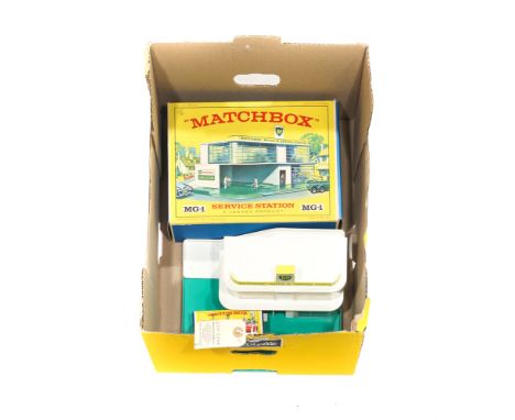 2 Matchbox Series accessories. A Service Station (MG-1b), a more unusual later BP issue with detailed picture box and green a
