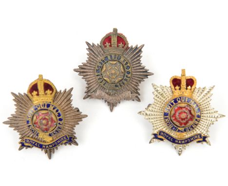 3 Hampshire officers cap badges: KC Hampshire and enamelled R Hampshire, GC, ERII enamelled R Hampshire, VGC                 