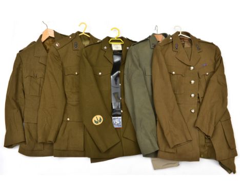 5 ERII khaki SD jackets: Major RA and pair overalls, another without overalls, and another with KC staybrite buttons (badges 